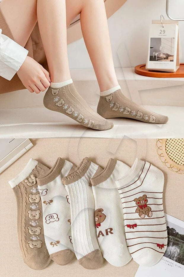 5 Pair Patterned Women Short Socks Soft Comfortable Daily Use